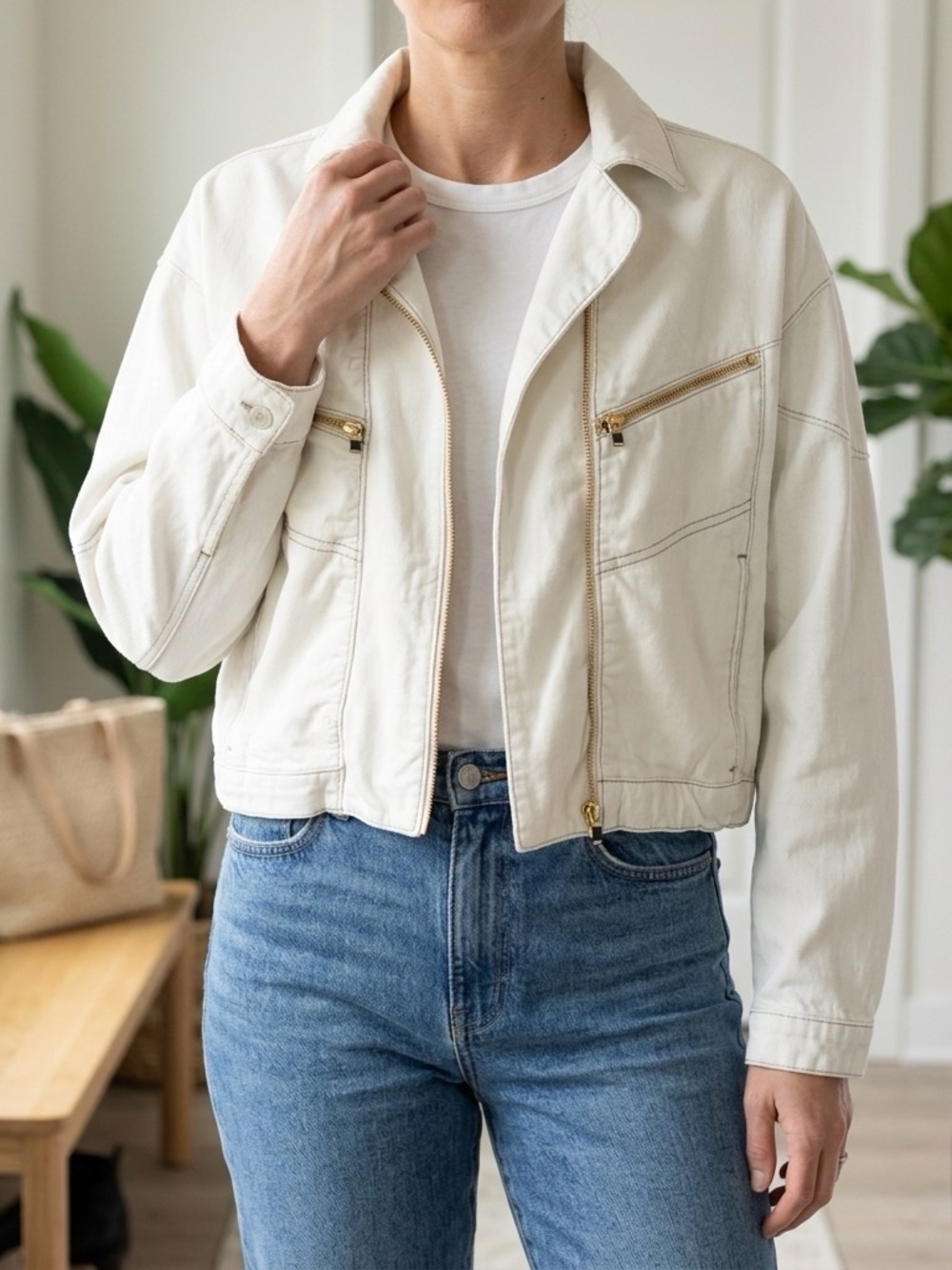 We The Free White Cropped Zip-Front Jean Jacket